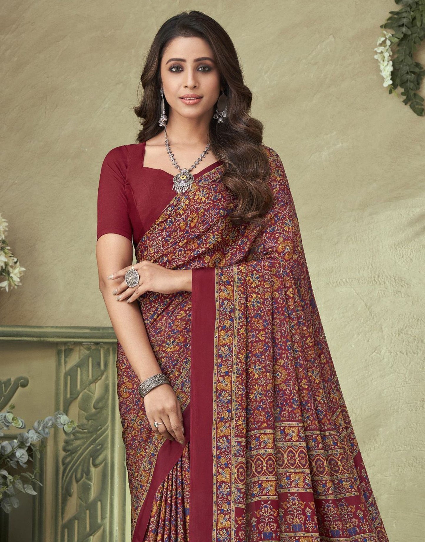 Maroon Silk Floral Printed Saree | Leemboodi