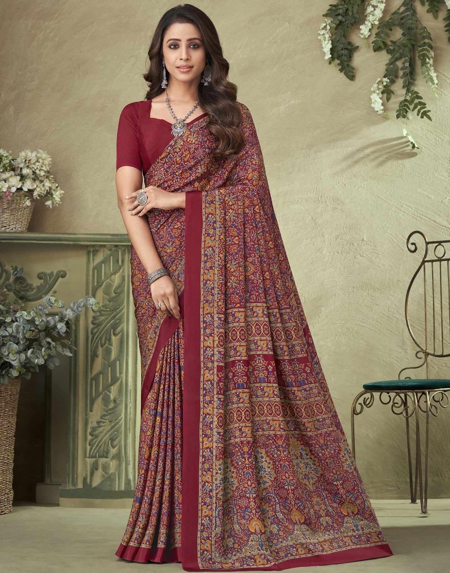 Maroon Silk Floral Printed Saree | Leemboodi