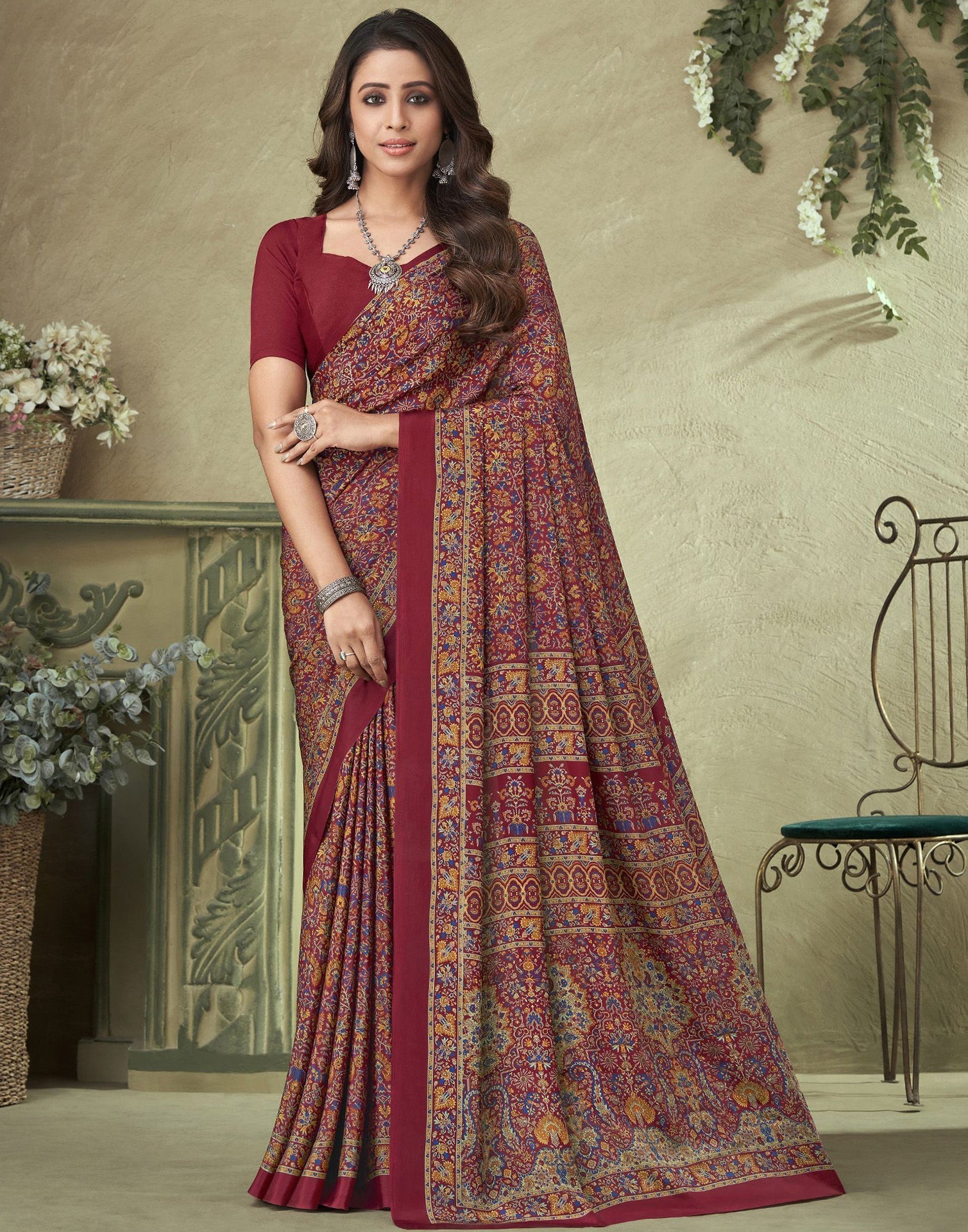 Maroon Silk Floral Printed Saree | Leemboodi