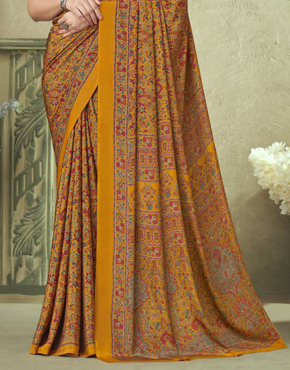 Mustard Yellow Silk Floral Printed Saree