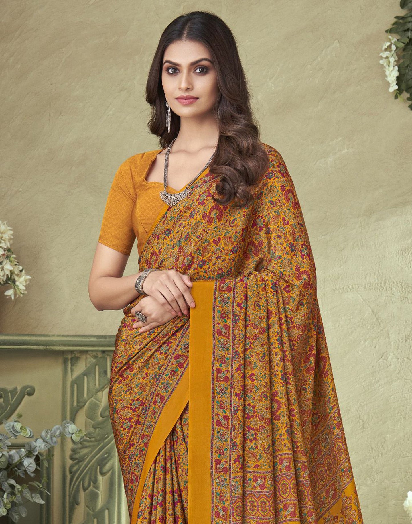 Mustard Yellow Silk Floral Printed Saree