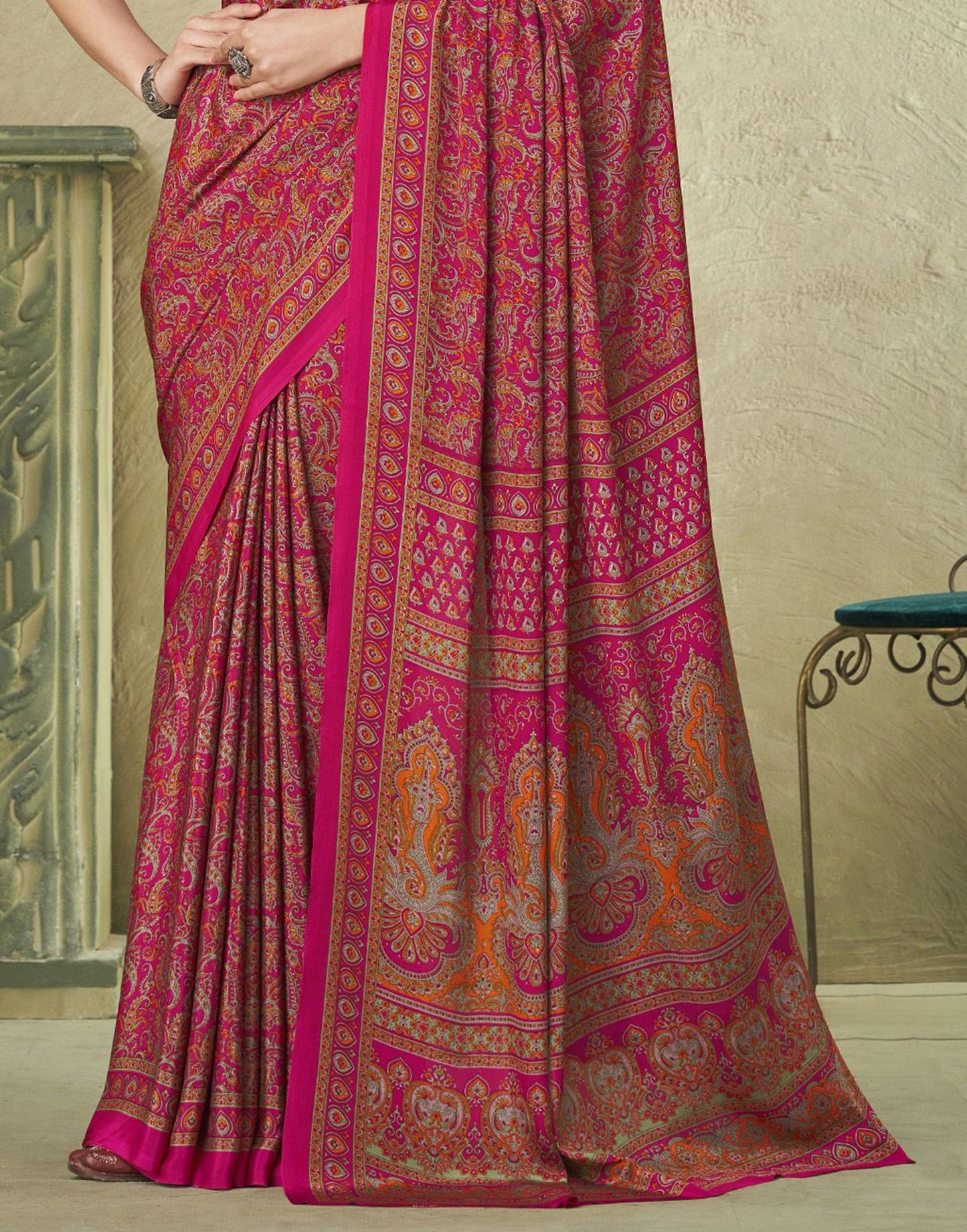 Dark Pink Silk Floral Printed Saree