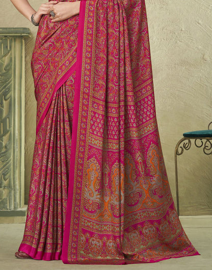 Dark Pink Silk Floral Printed Saree