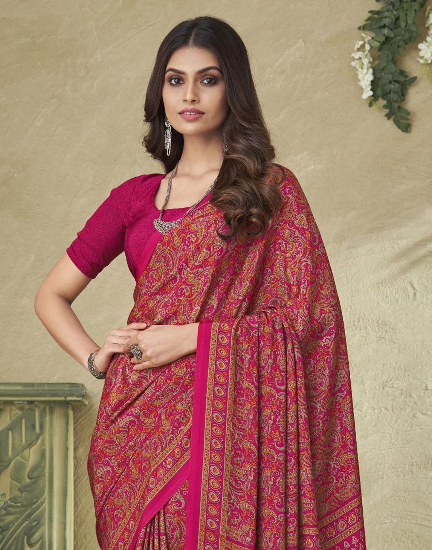 Dark Pink Silk Floral Printed Saree