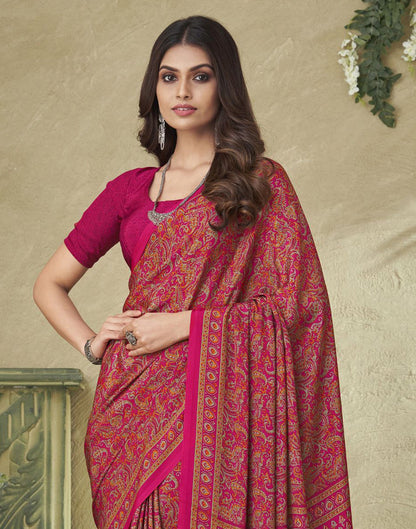Dark Pink Silk Floral Printed Saree