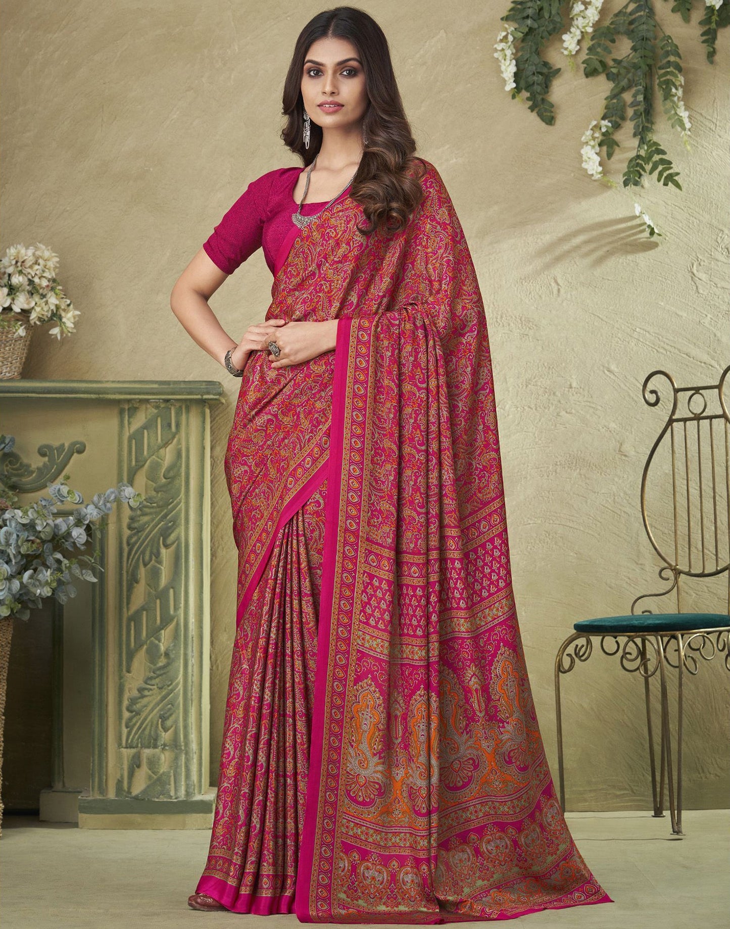 Dark Pink Silk Floral Printed Saree