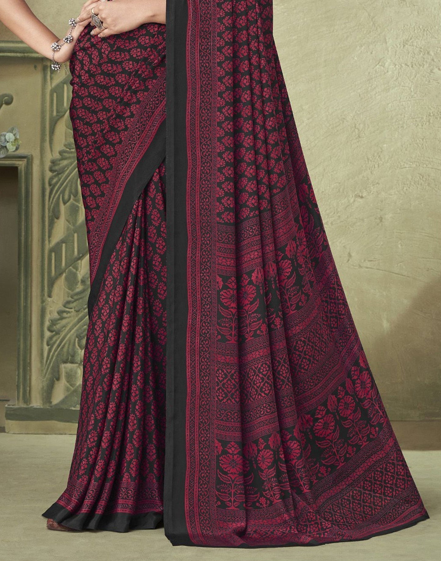 Maroon Silk Floral Printed Saree | Sudathi