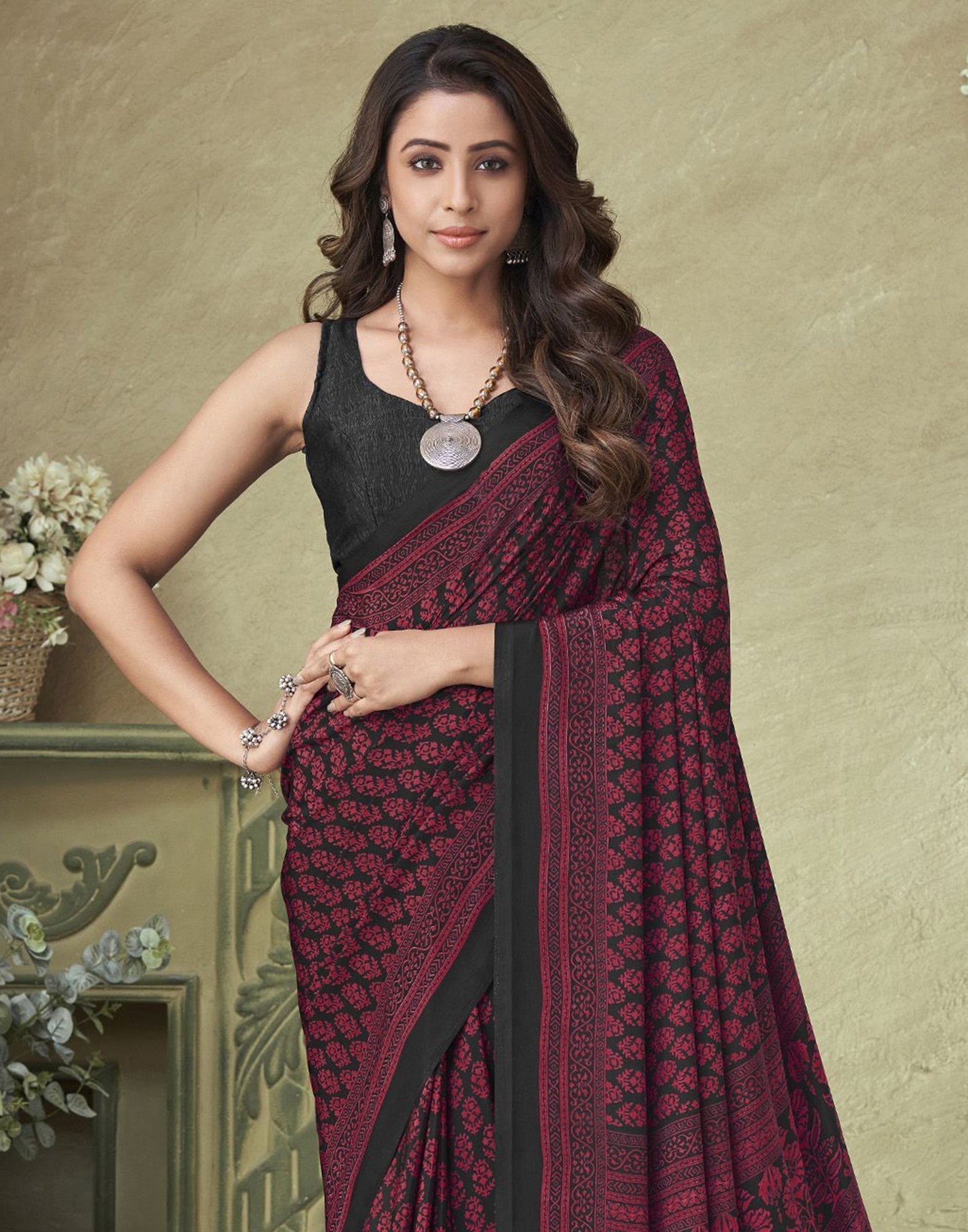 Maroon Silk Floral Printed Saree | Sudathi