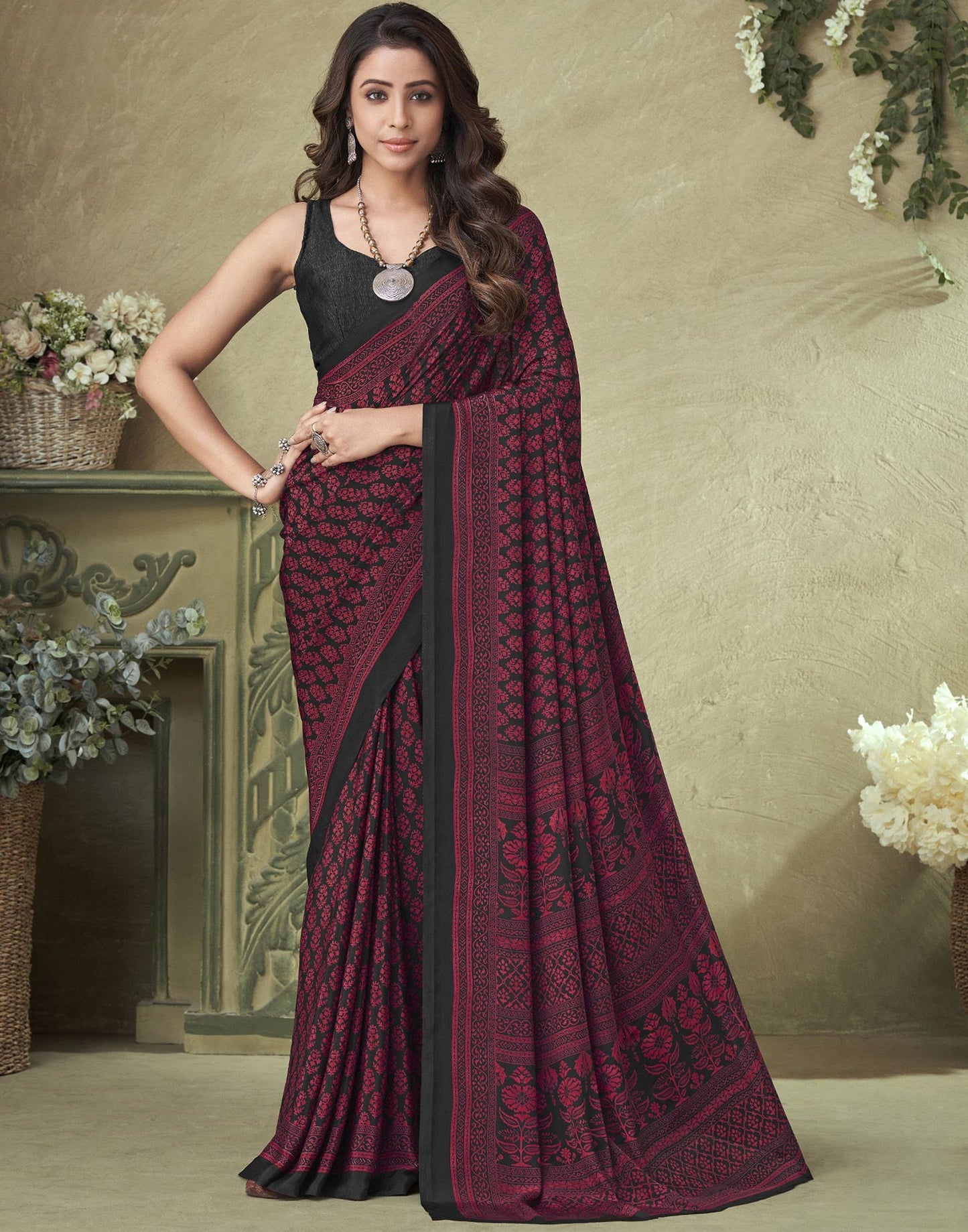 Maroon Silk Floral Printed Saree | Sudathi
