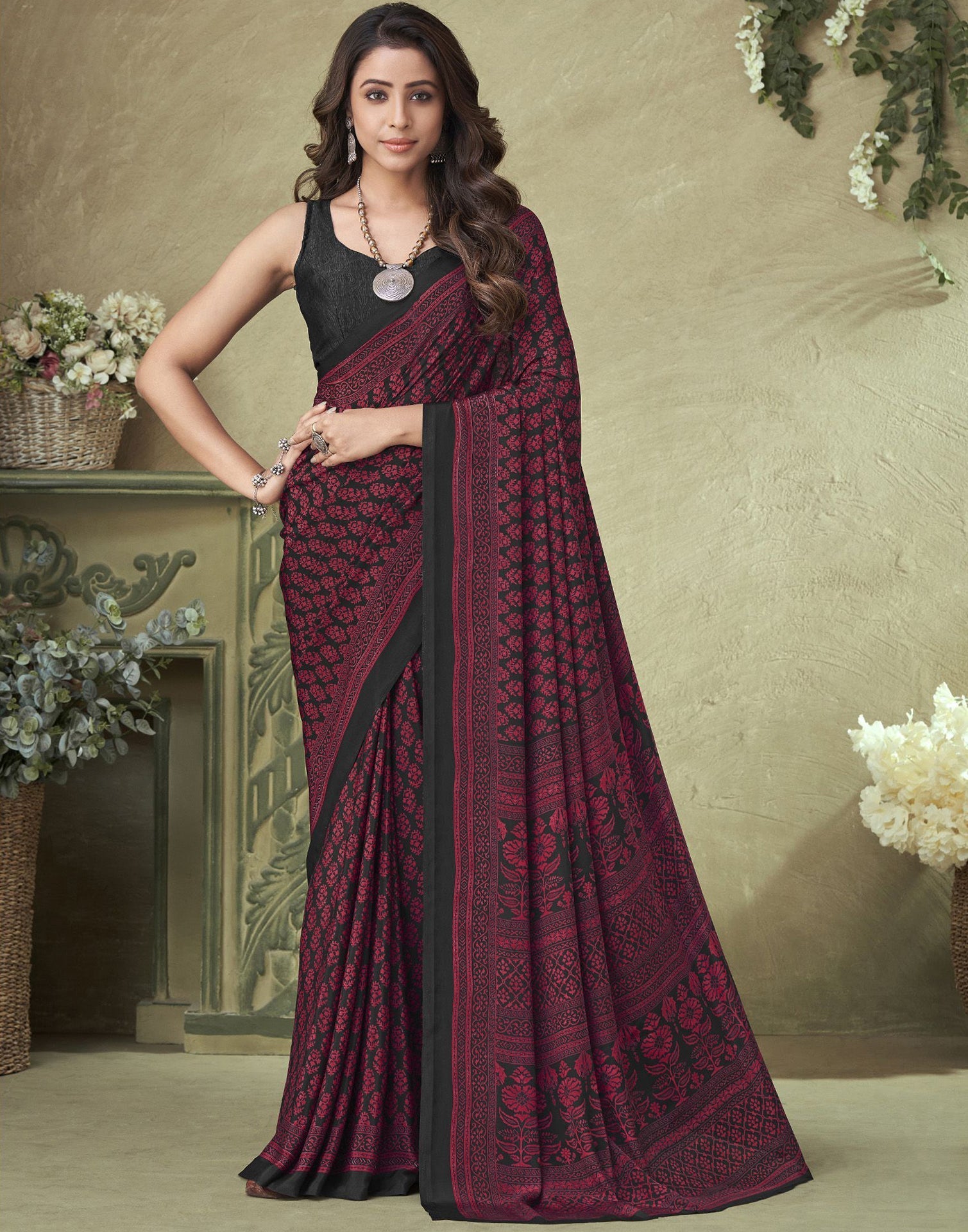 Maroon Silk Floral Printed Saree | Sudathi