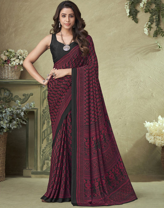 Maroon Silk Floral Printed Saree | Sudathi
