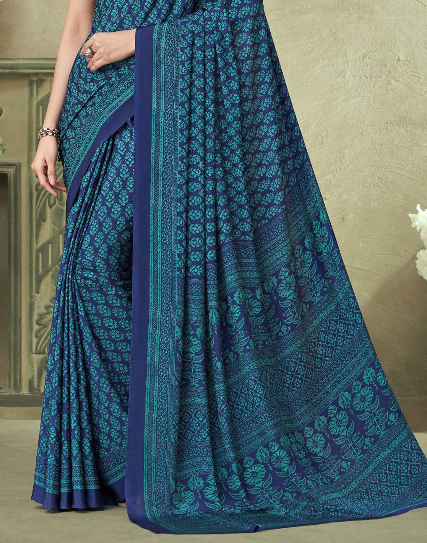 Rama Green Silk Floral Printed Saree