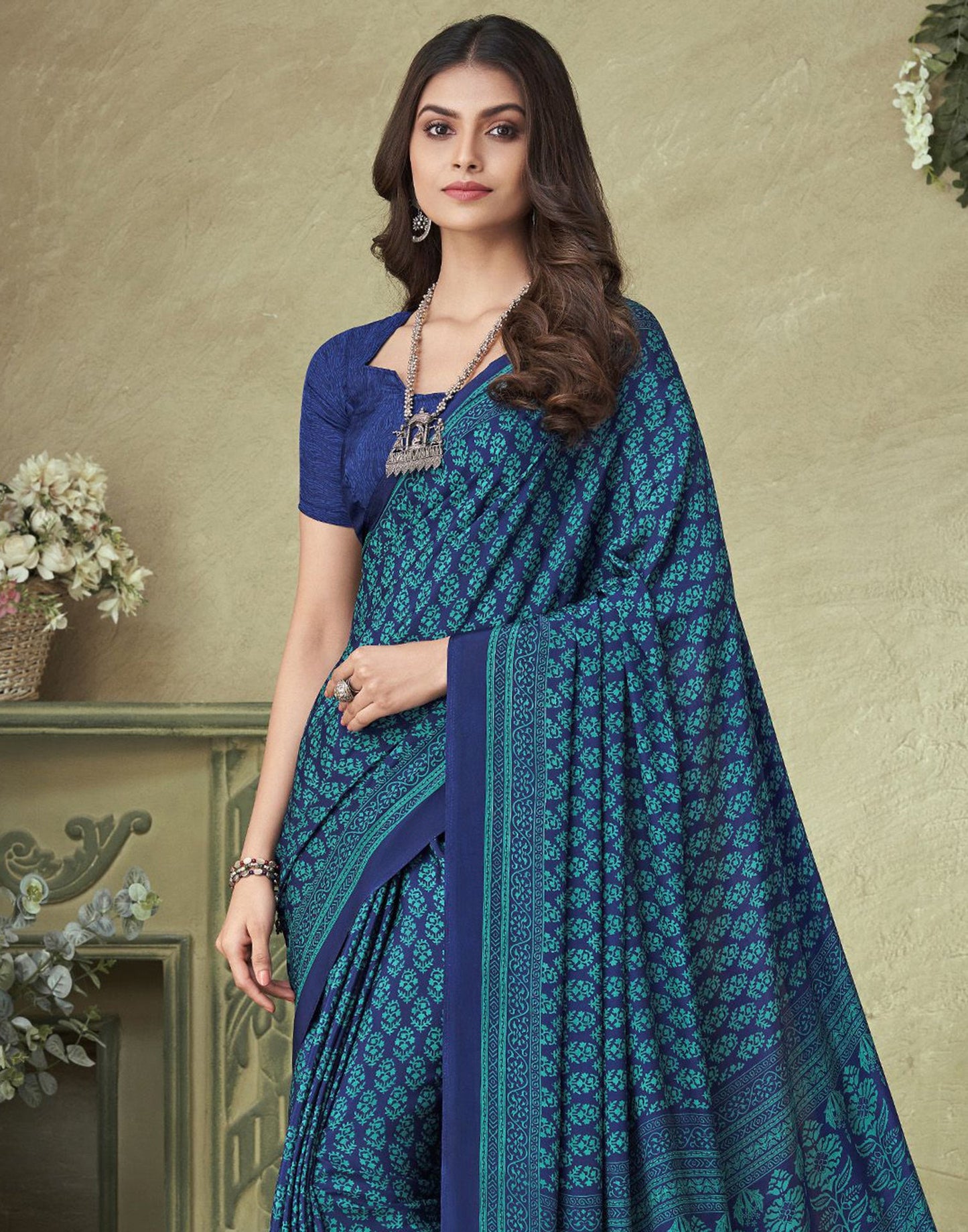 Rama Green Silk Floral Printed Saree