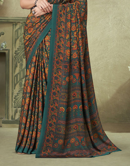 Dark Green Silk Floral Printed Saree