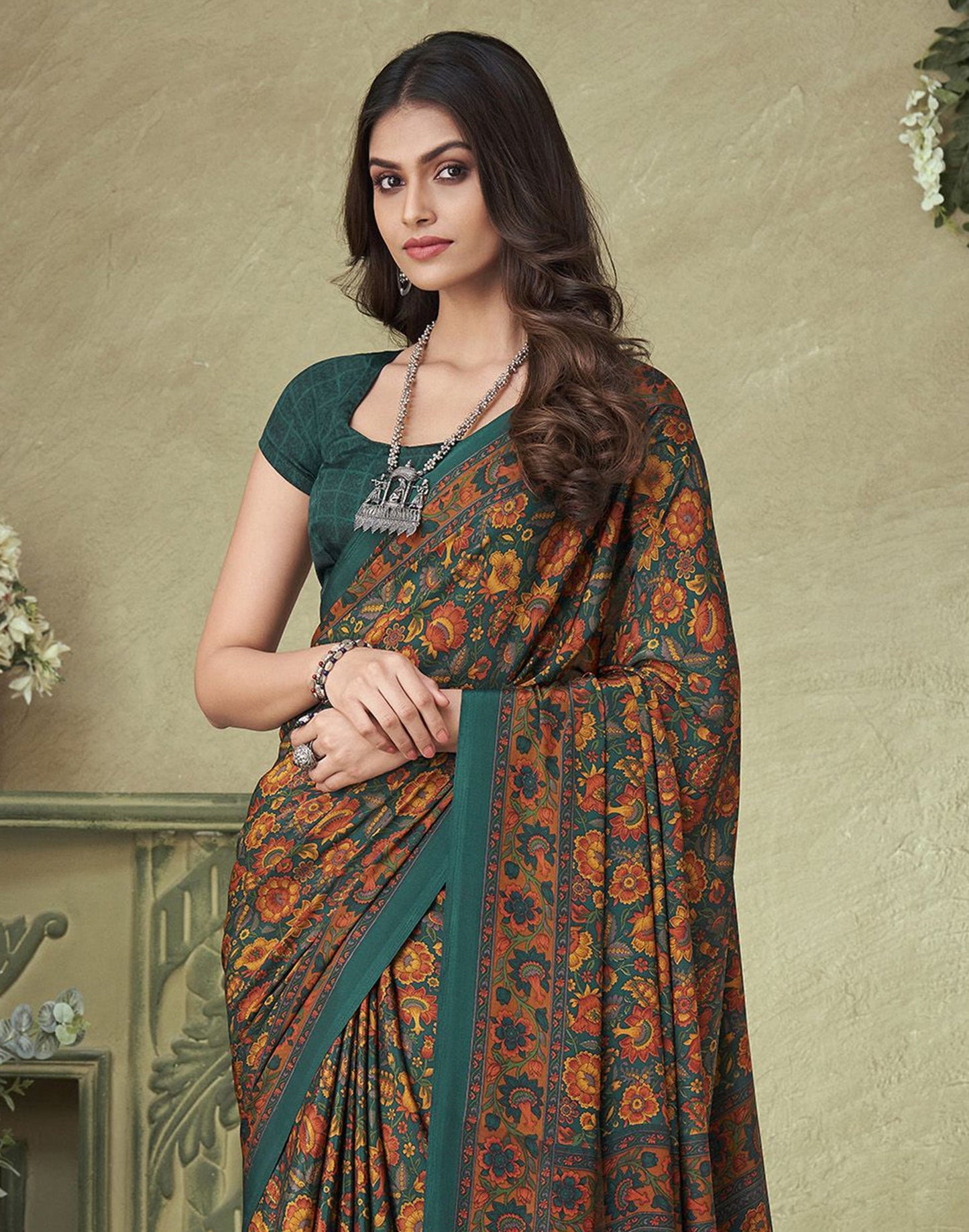 Dark Green Silk Floral Printed Saree