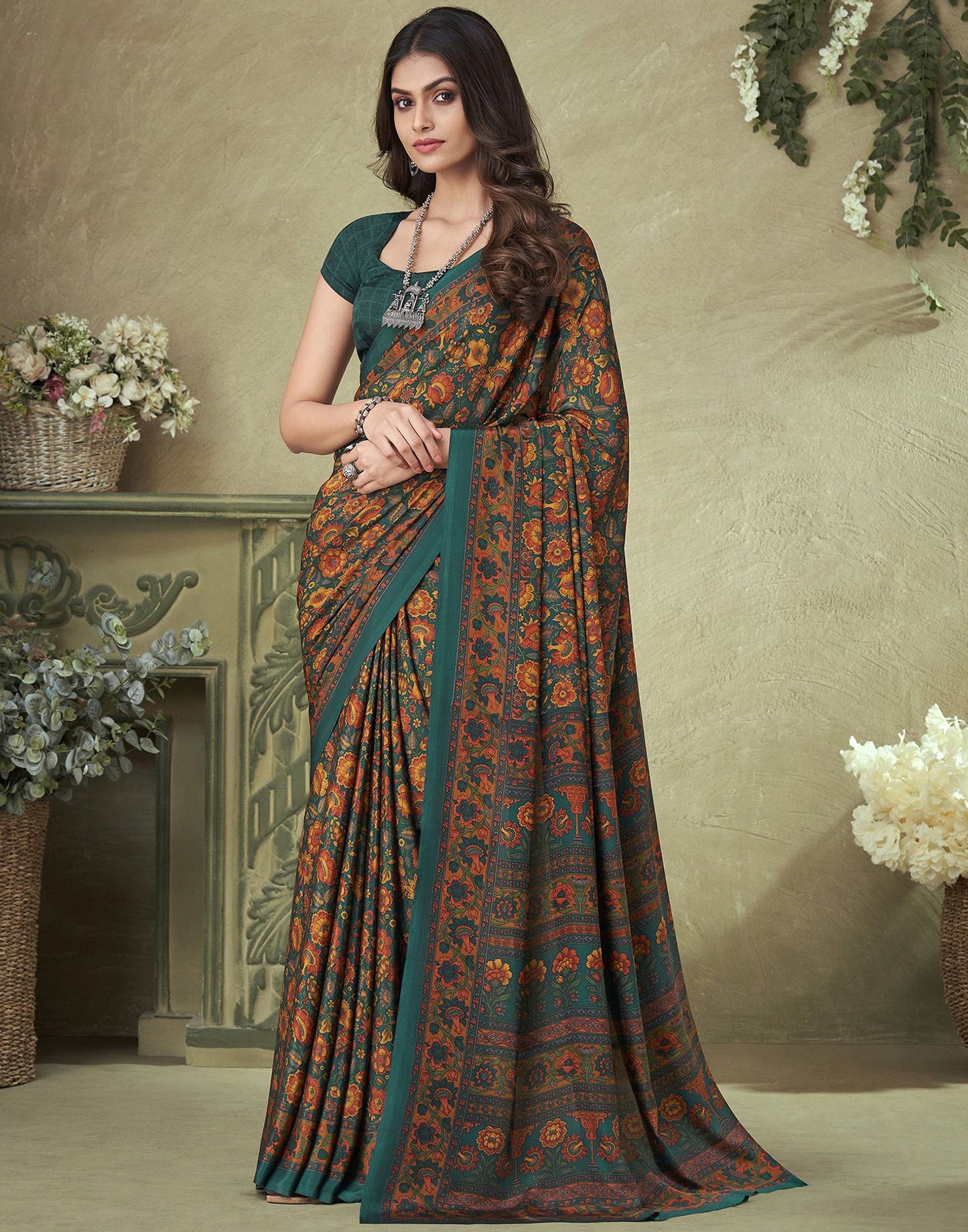 Dark Green Silk Floral Printed Saree