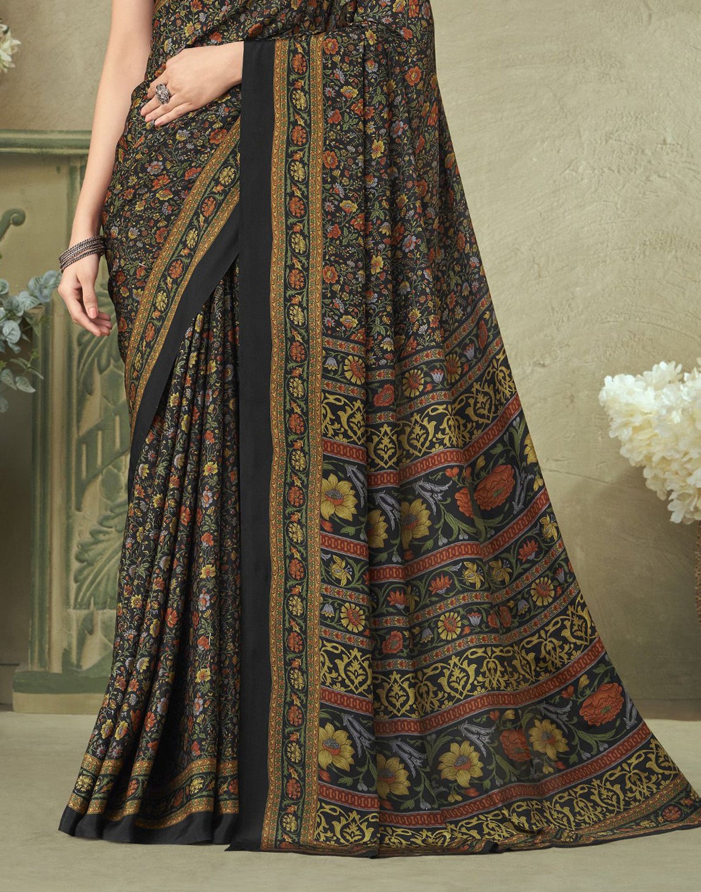 Black Silk Floral Printed Saree