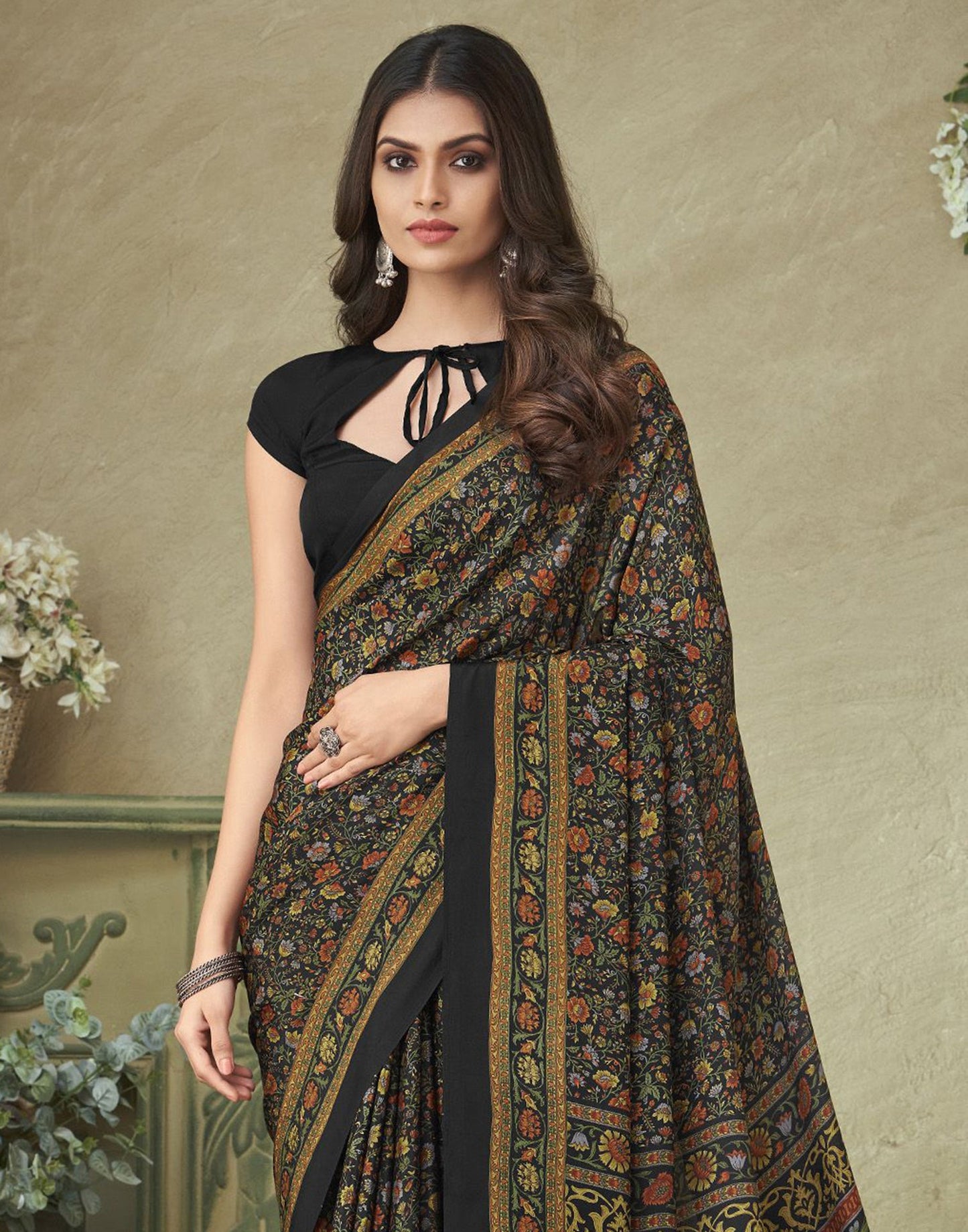 Black Silk Floral Printed Saree