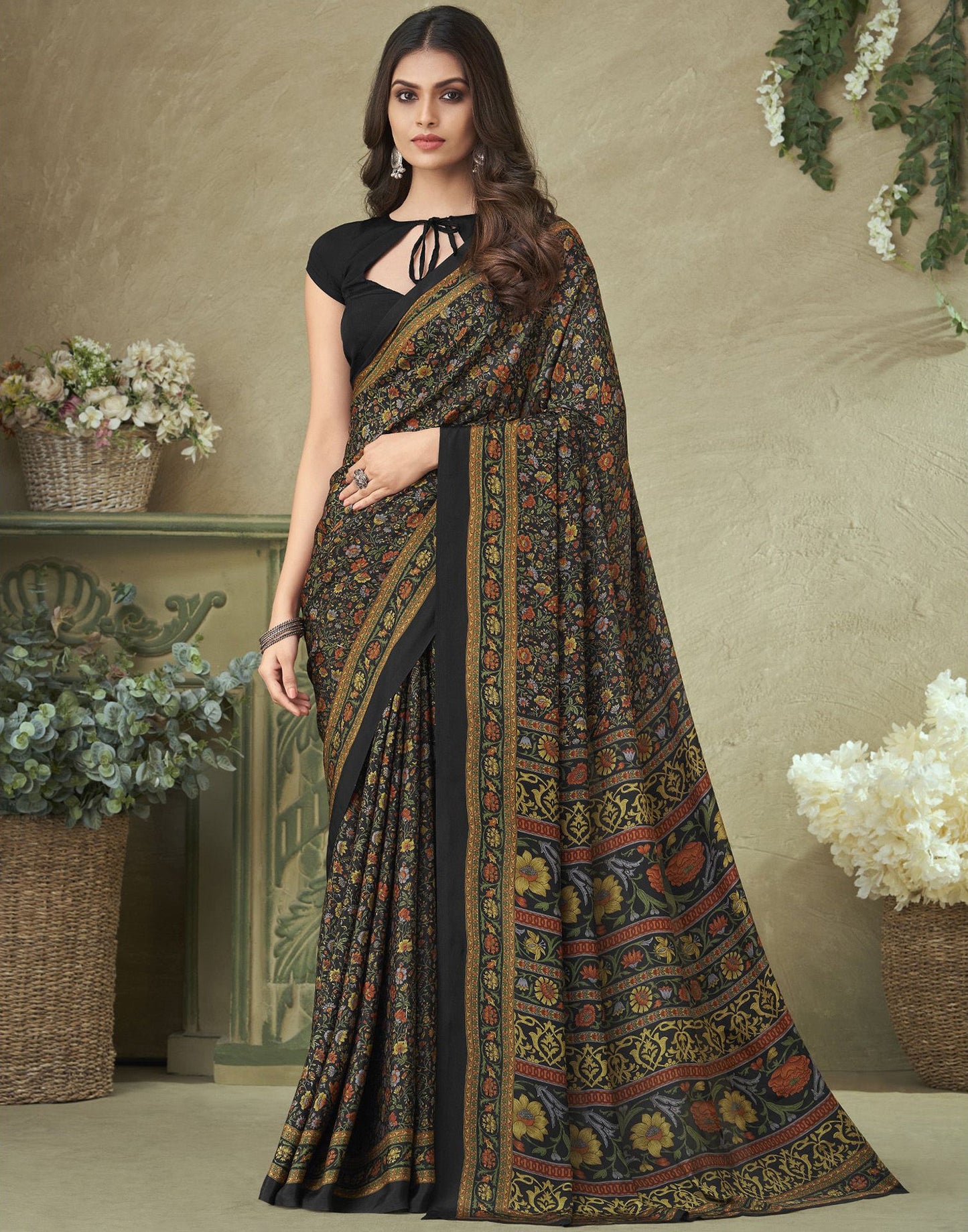 Black Silk Floral Printed Saree
