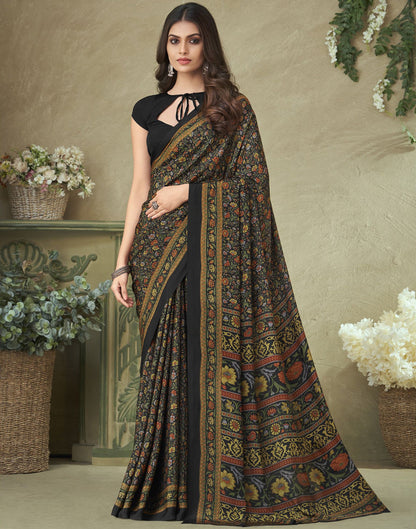 Black Silk Floral Printed Saree