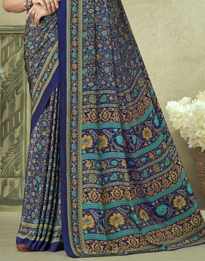 Navy Blue Silk Floral Printed Saree