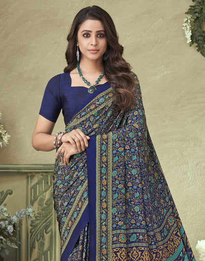 Navy Blue Silk Floral Printed Saree
