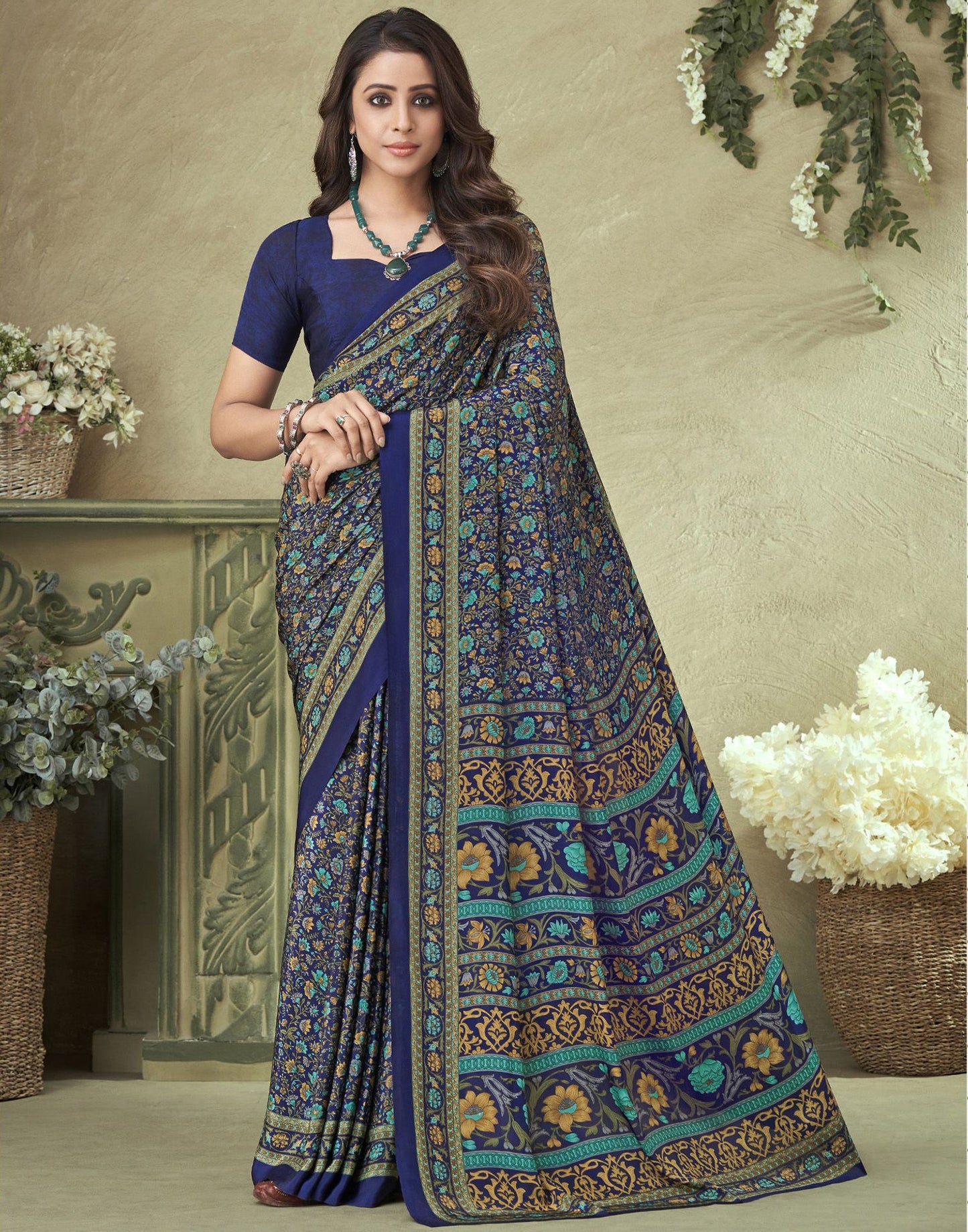 Navy Blue Silk Floral Printed Saree