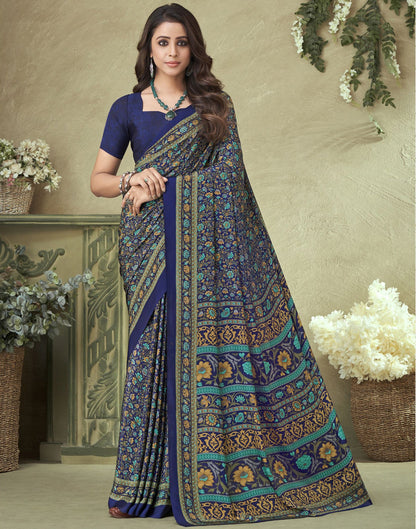 Navy Blue Silk Floral Printed Saree