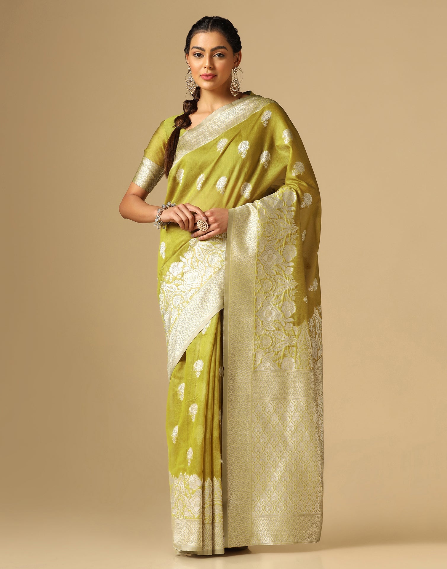 Olive Green Banarasi Cotton Saree | Sudathi