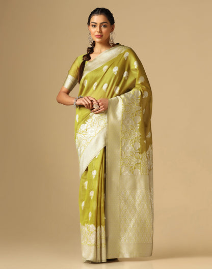 Olive Green Banarasi Cotton Saree | Sudathi