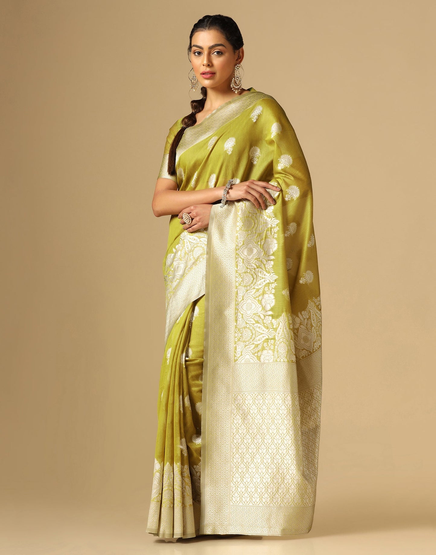 Olive Green Banarasi Cotton Saree | Sudathi