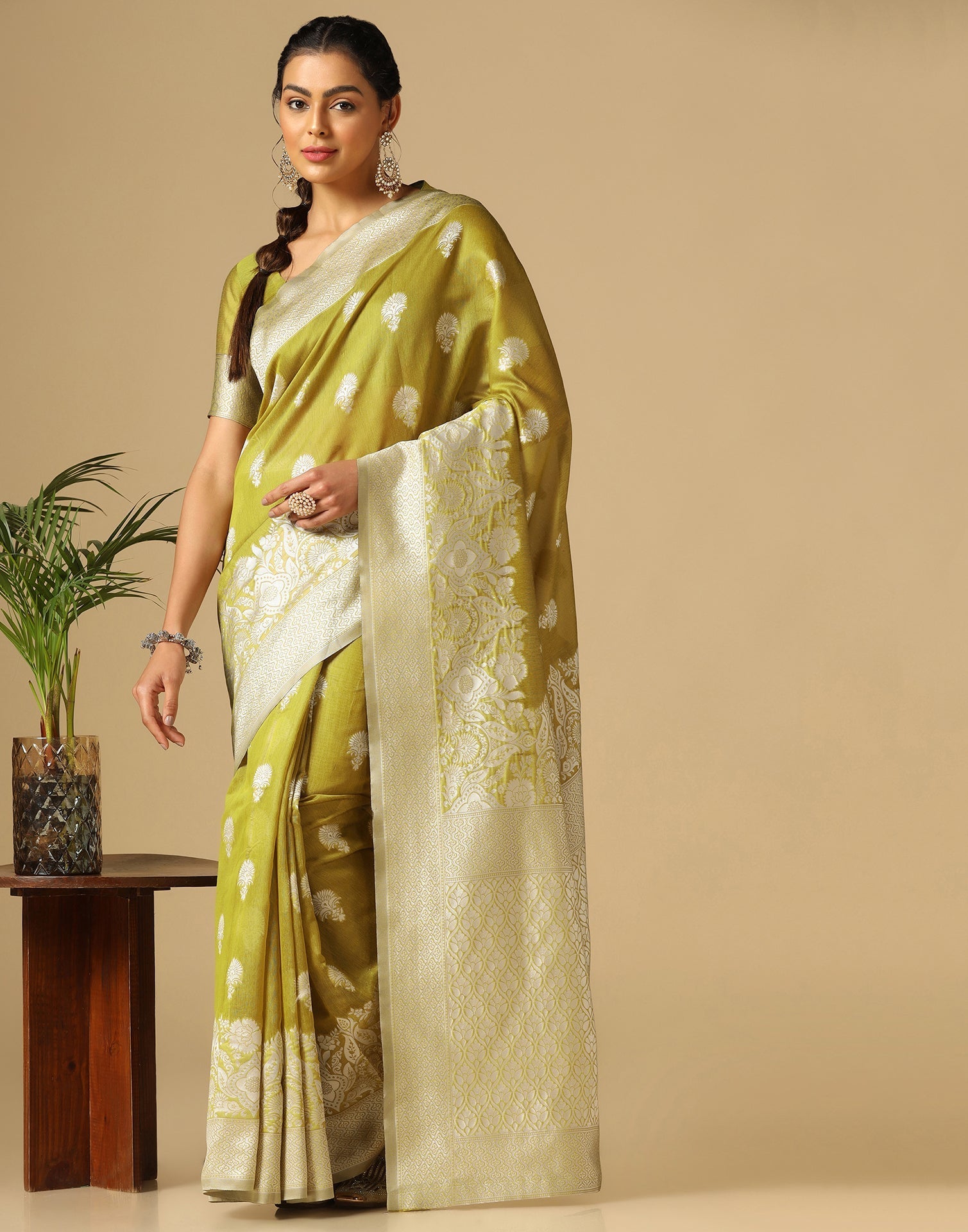 Olive Green Banarasi Cotton Saree | Sudathi
