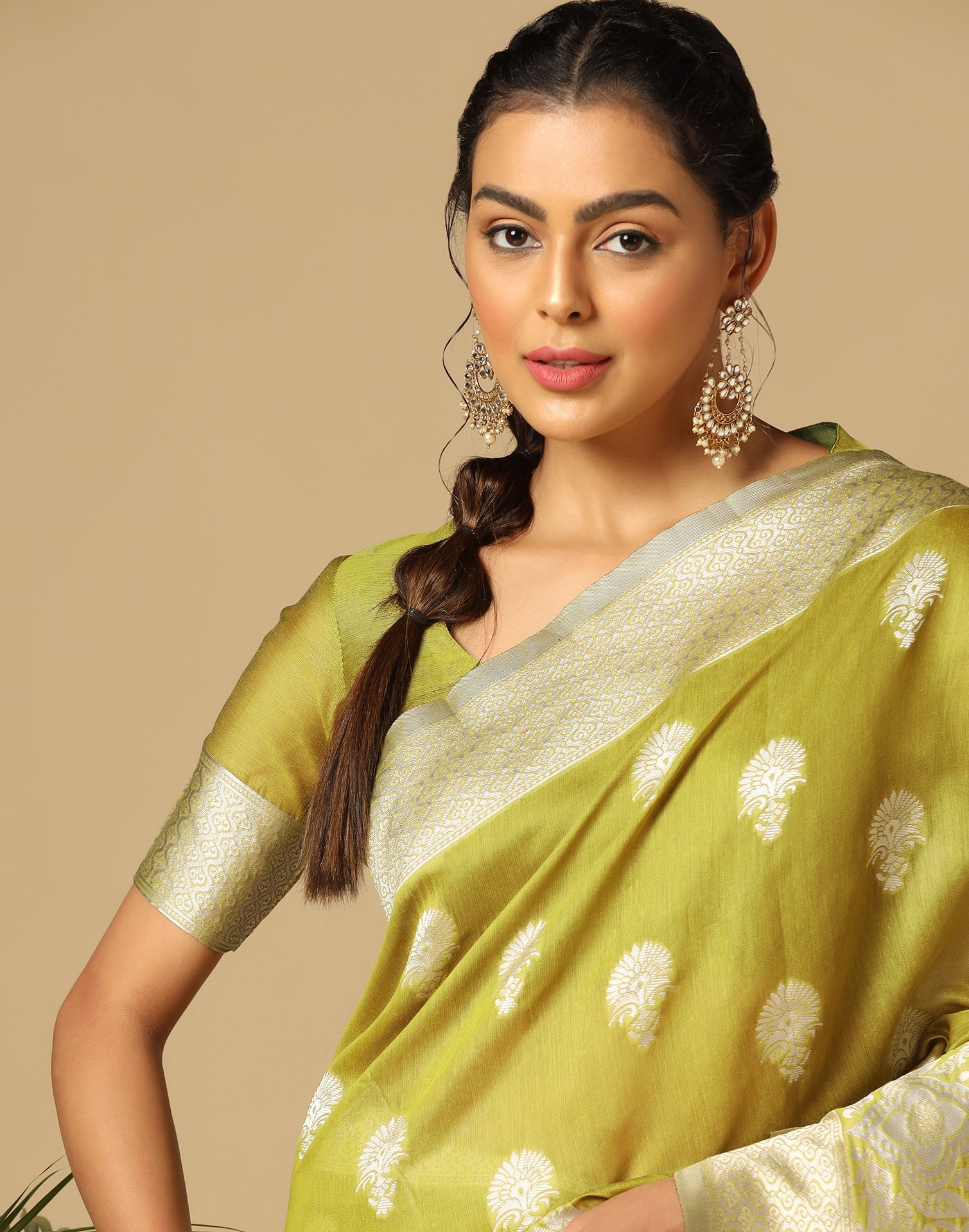 Olive Green Banarasi Cotton Saree | Sudathi
