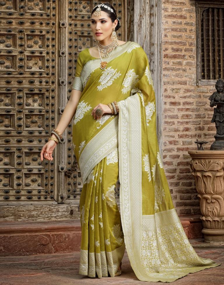 Light Olive Green Banarasi Cotton Saree | Sudathi