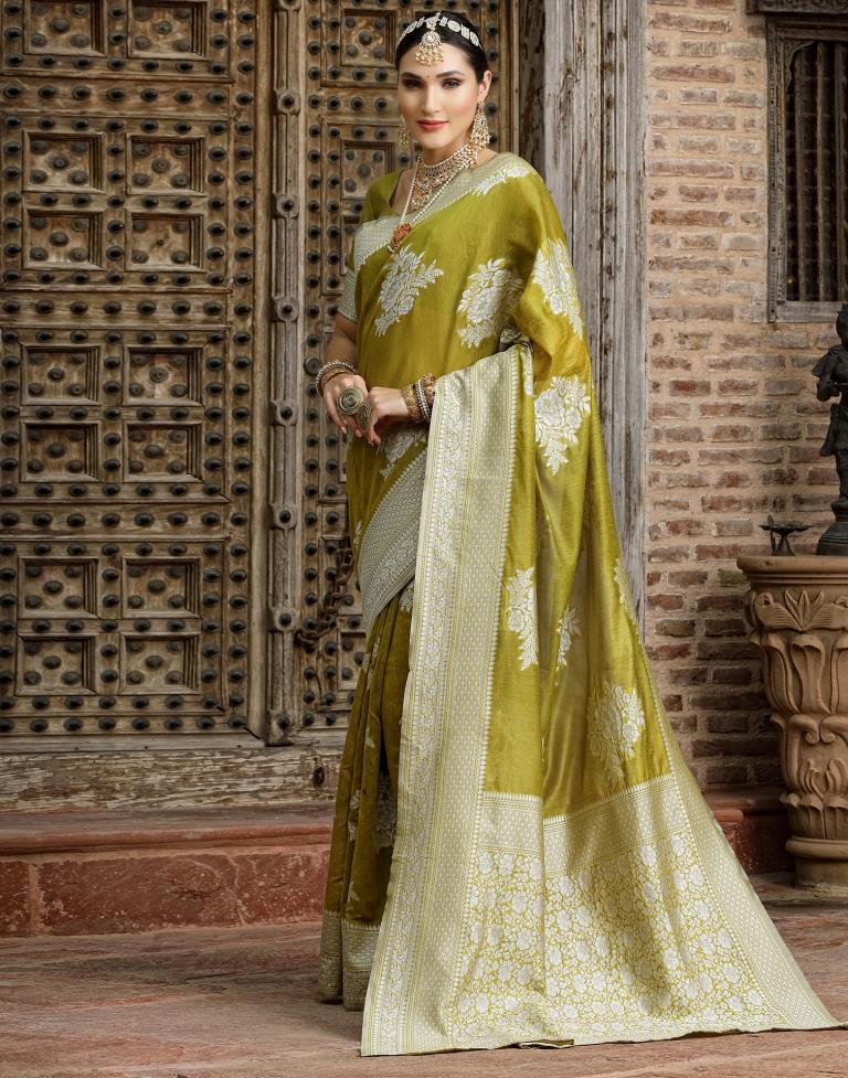 Light Olive Green Banarasi Cotton Saree | Sudathi