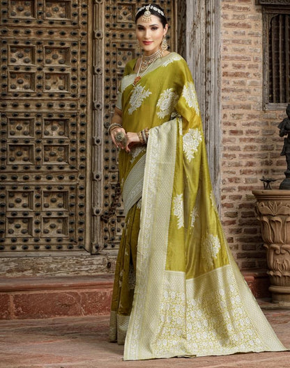 Light Olive Green Banarasi Cotton Saree | Sudathi