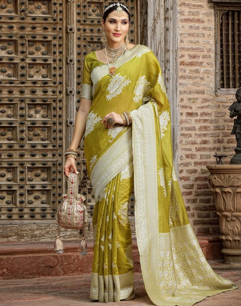 Light Olive Green Banarasi Cotton Saree | Sudathi
