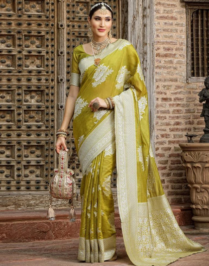 Light Olive Green Banarasi Cotton Saree | Sudathi