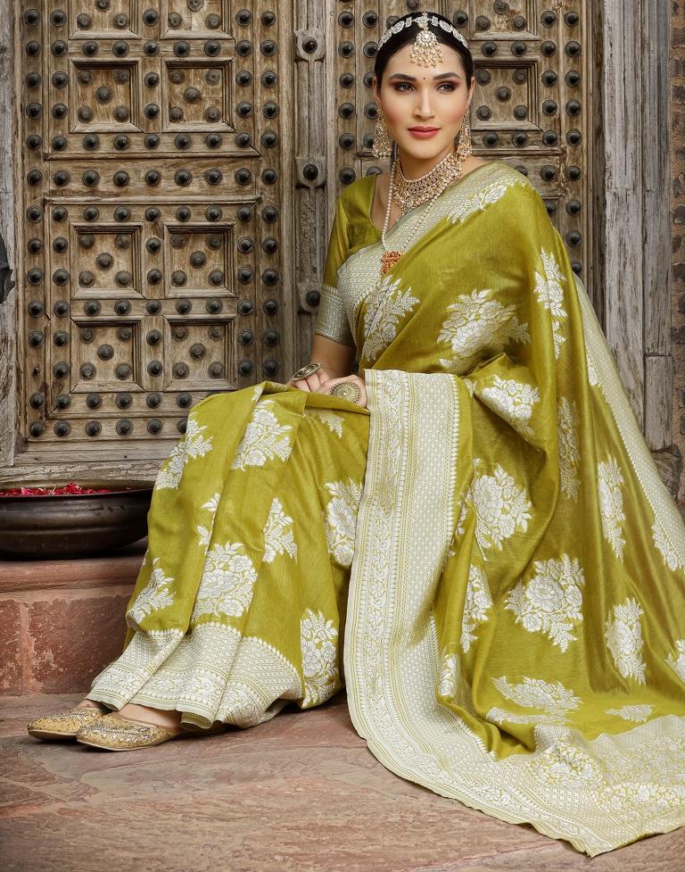 Light Olive Green Banarasi Cotton Saree | Sudathi