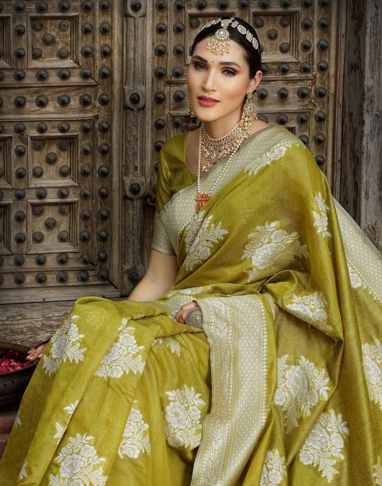 Light Olive Green Banarasi Cotton Saree | Sudathi