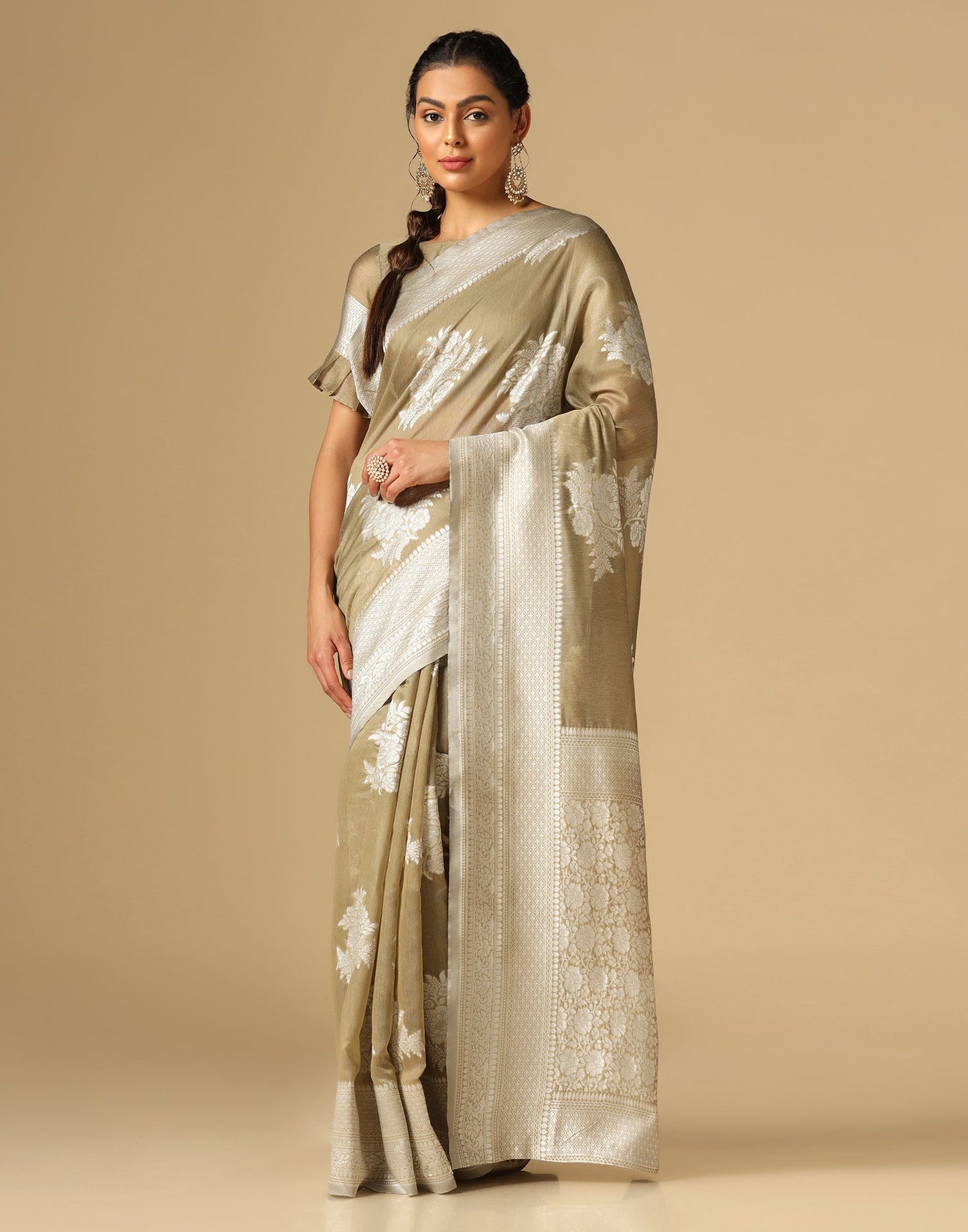 Beige Banarasi Cotton Saree | Sudathi