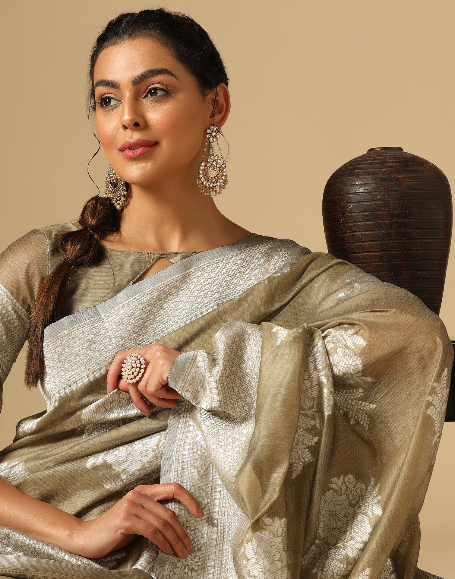 Beige Banarasi Cotton Saree | Sudathi