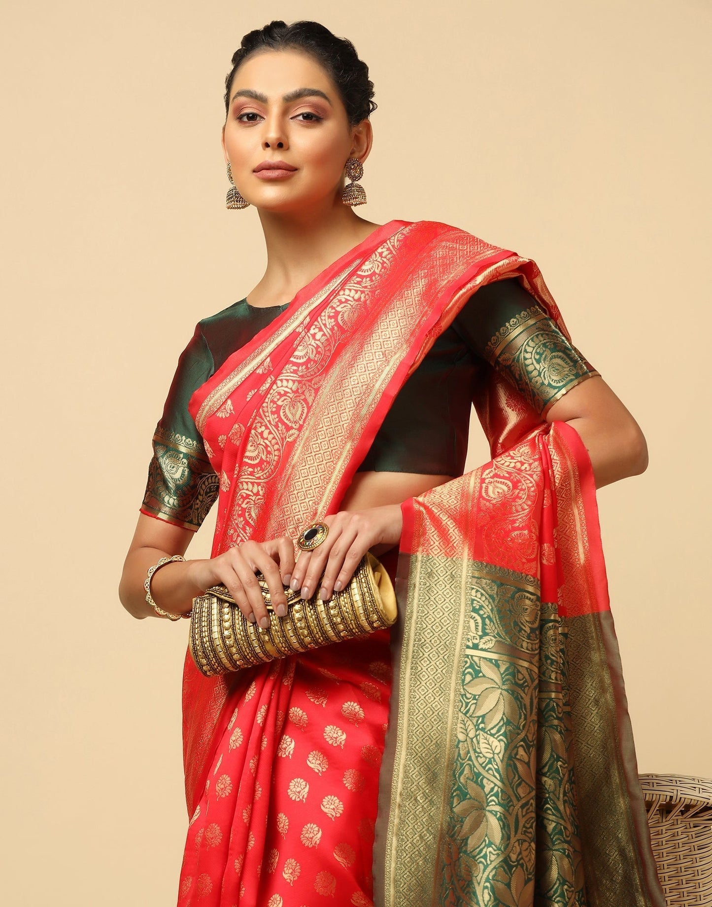 Red And Golden Silk Jacquard Saree | Leemboodi
