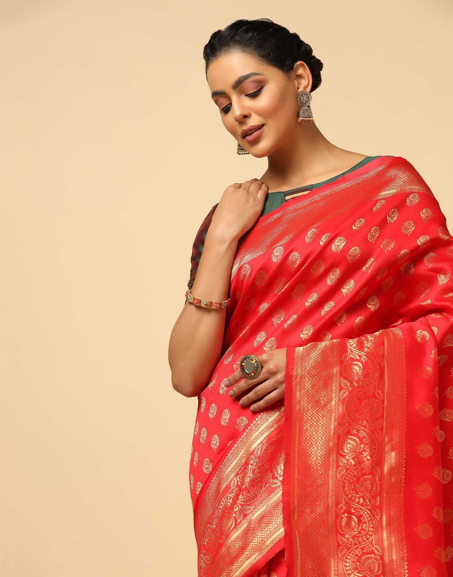 Red And Golden Silk Jacquard Saree | Leemboodi