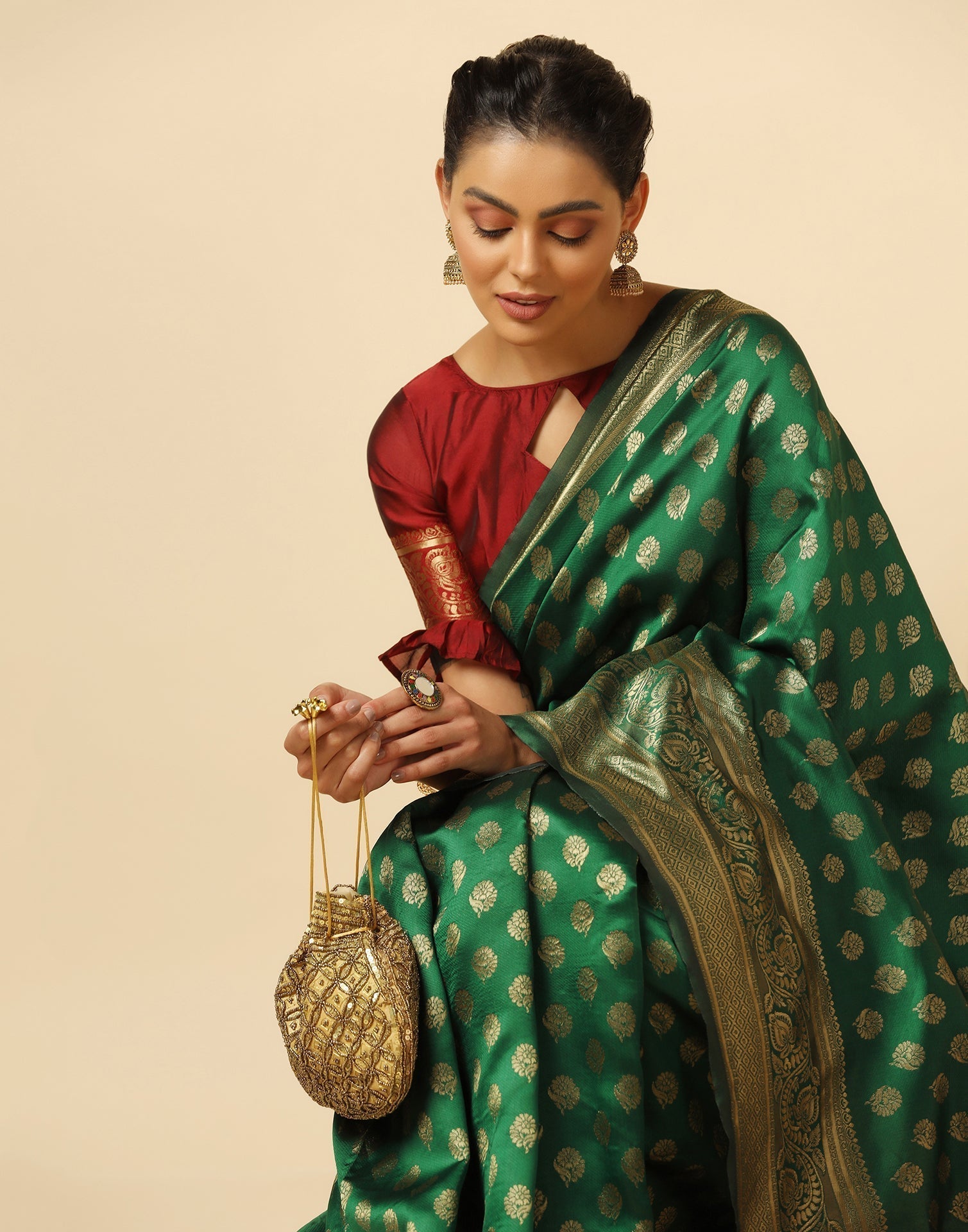 Green And Golden Silk Jacquard Saree | Leemboodi