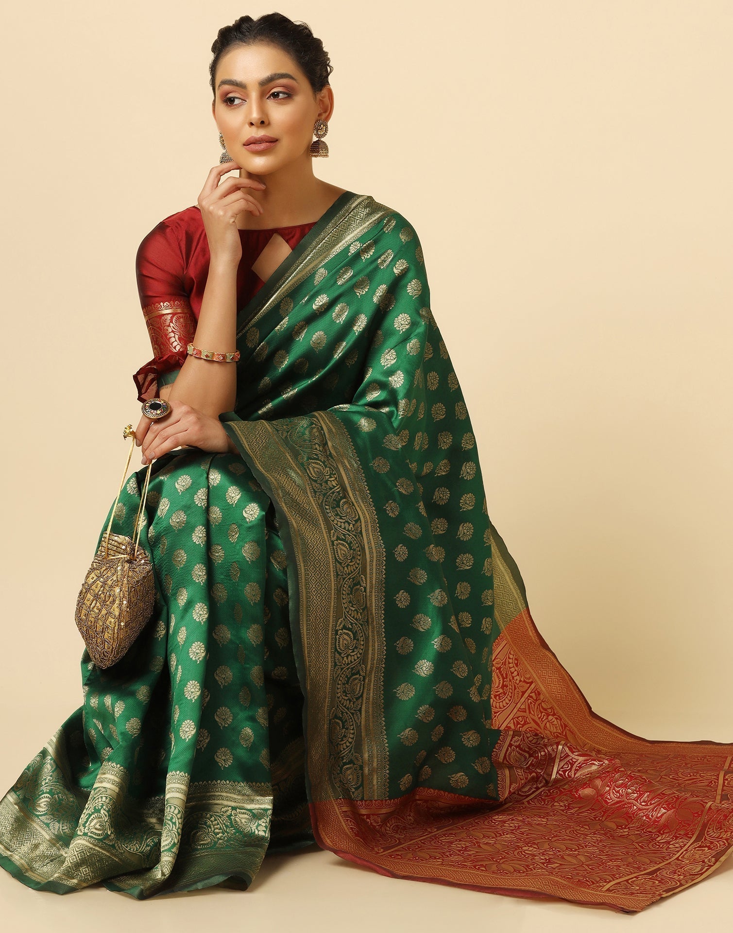 Green And Golden Silk Jacquard Saree | Leemboodi