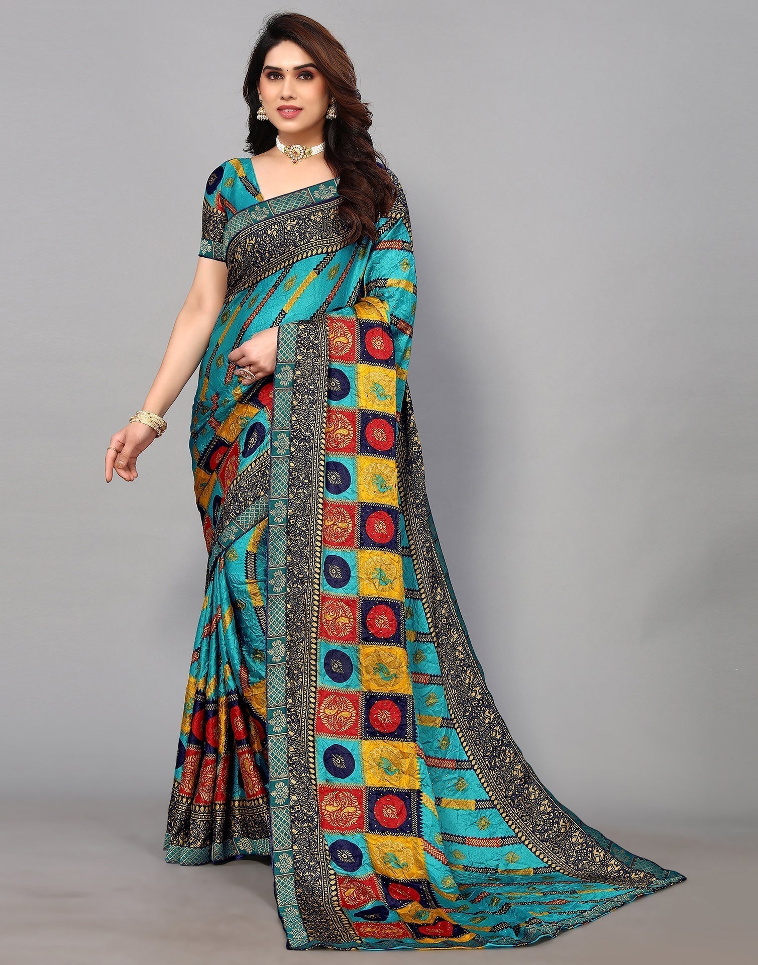Turquoise Blue And Multicoloured Art Silk Stone Work Saree | Sudathi