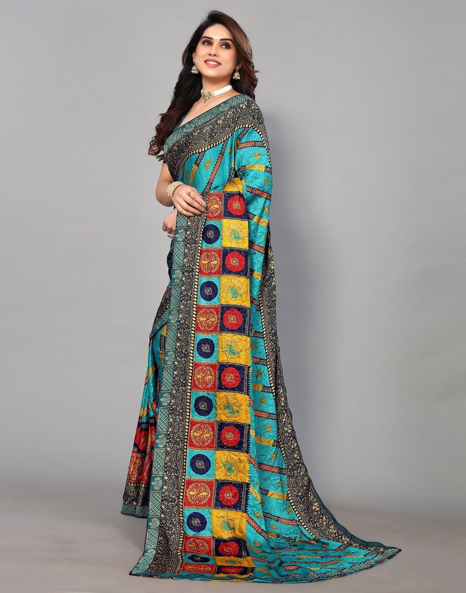 Turquoise Blue And Multicoloured Art Silk Stone Work Saree | Sudathi