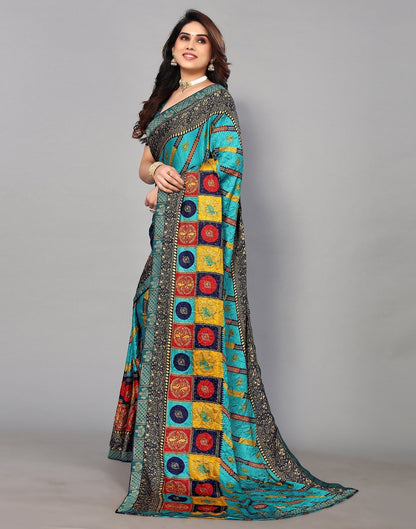 Turquoise Blue And Multicoloured Art Silk Stone Work Saree | Sudathi