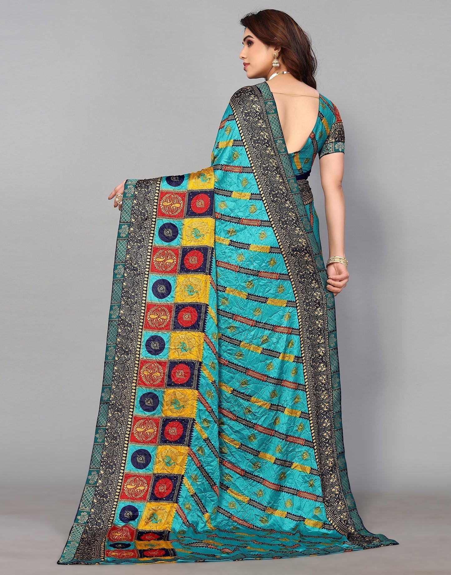 Turquoise Blue And Multicoloured Art Silk Stone Work Saree | Sudathi